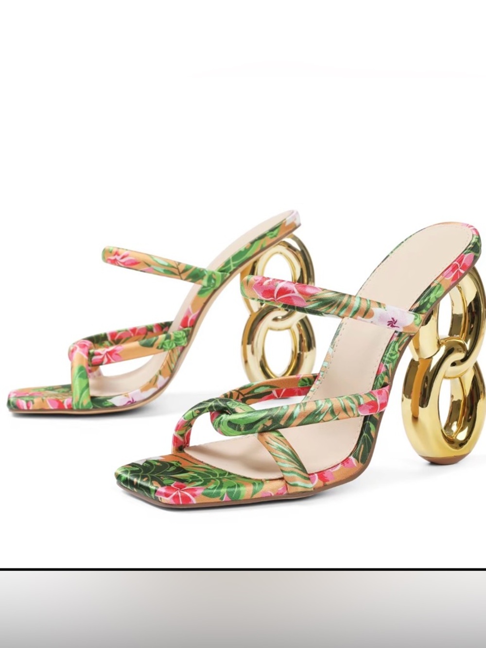 Floral Sculpted-Heel Strappy Sandals - Pink & Green